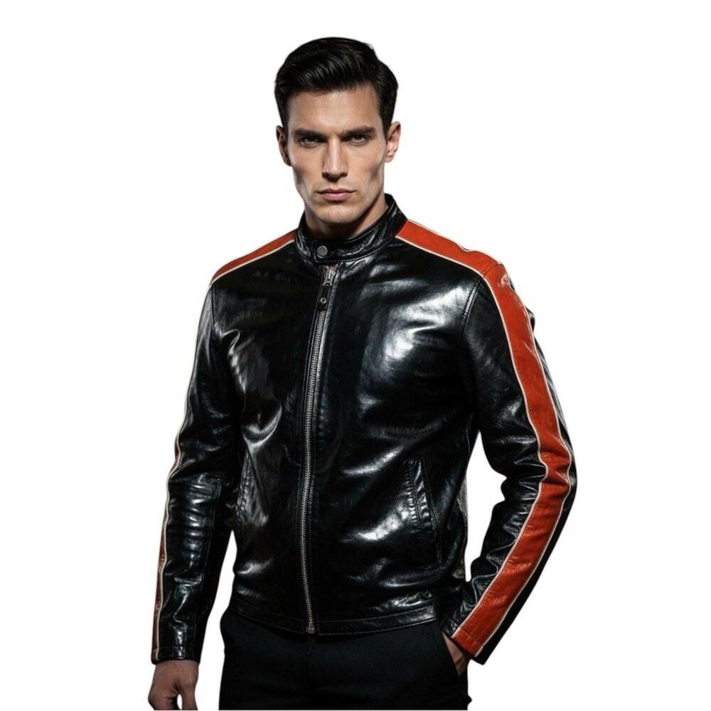 Vintage Style Black Leather Bomber Jacket with Brown Racing Stripes Wilsons